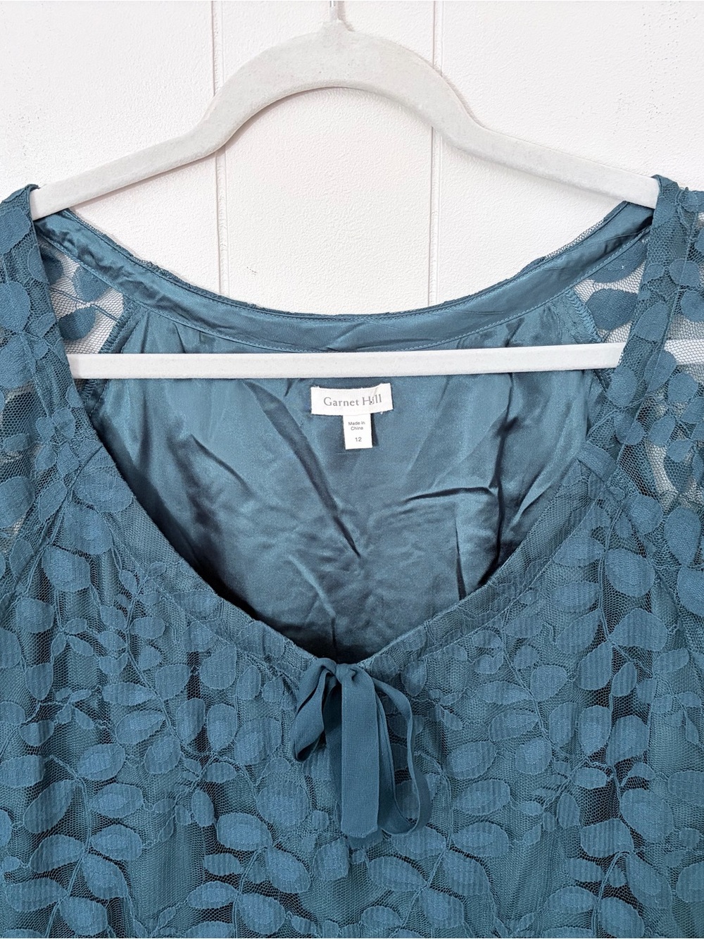 Garnet Hill Teal Lace Midi Dress with Tie Neck - Picture 5 of 10